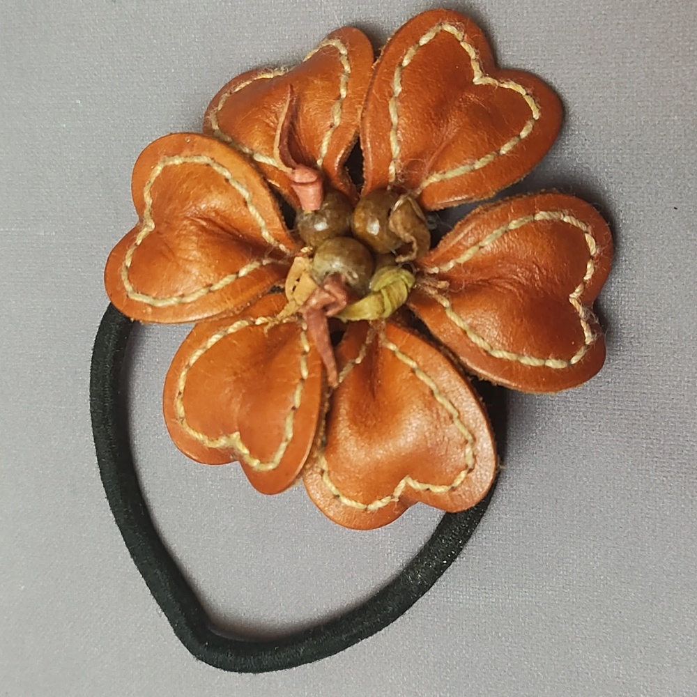 2"Brown leather flower ponytail holder